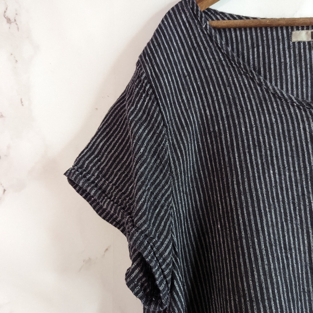 SALE LIMITED TIME Flax Top Short Sleeve Stripe Black Linen Tunic Lagenlook - Picture 2 of 13